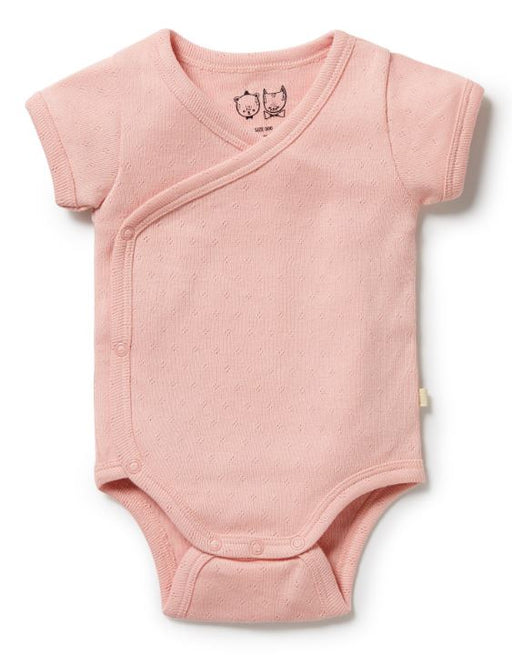 A Pink Short Sleeve Bodysuits from Wilson & Frenchy in size Newborn for girl. (Front View)