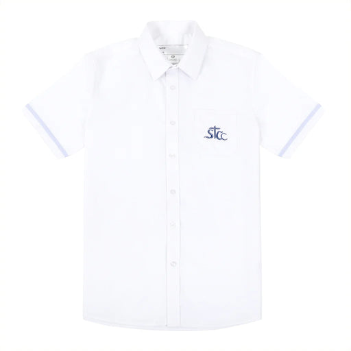 A White Short Sleeve Shirts from ECF Saint Too Canaan College in size 13Y for boy. (Front View)