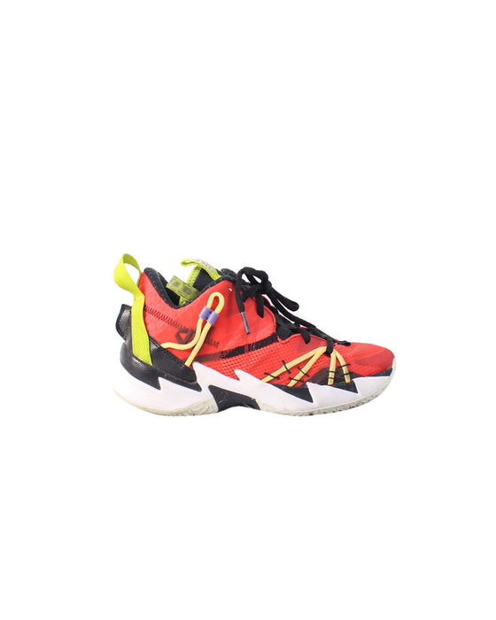 A Red Sneakers from Air Jordan in size 12Y for boy. (Back View)