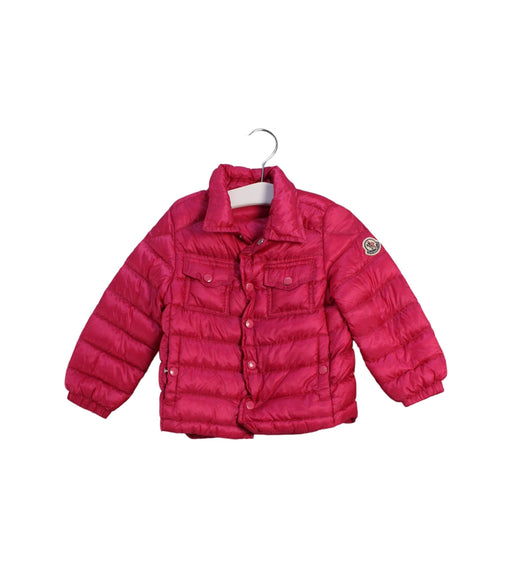 A Pink Puffer/Quilted Jackets from Moncler in size 12-18M for girl. (Front View)