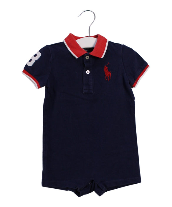 A Navy Short Sleeve Rompers from Ralph Lauren in size 6-12M for boy. (Front View)
