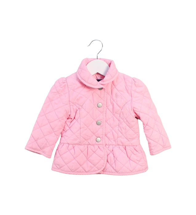 A Pink Puffer/Quilted Jackets from Ralph Lauren in size 6-12M for girl. (Front View)