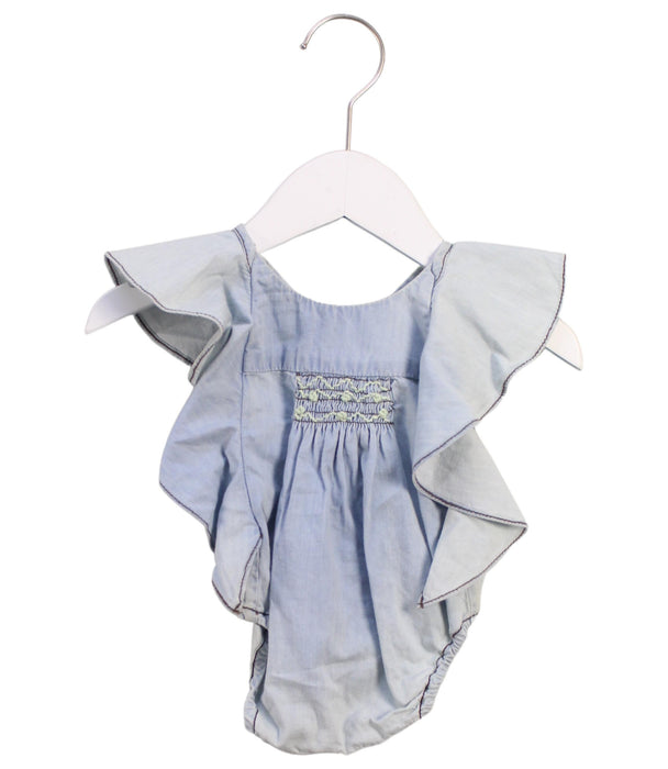 A Blue Short Sleeve Bodysuits from Velveteen in size 3-6M for girl. (Front View)