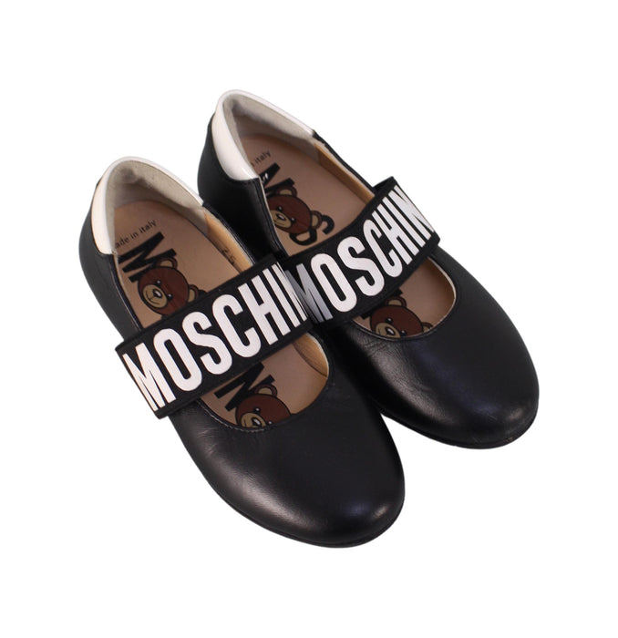 A Black Flats from Moschino in size 3T for girl. (Front View)