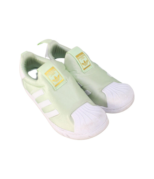 A Green Slip Ons from Adidas in size 9Y for boy. (Front View)