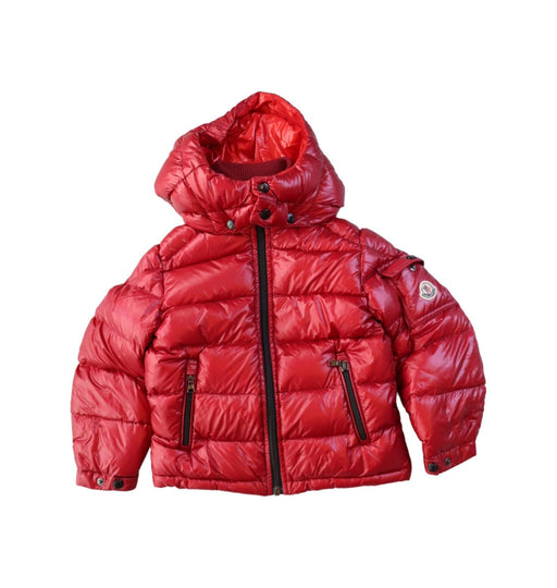 A Red Puffer/Quilted Jackets from Moncler in size 3T for neutral. (Front View)