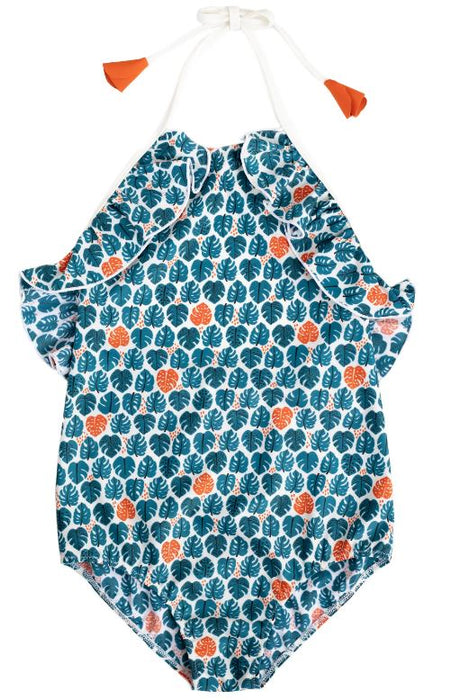 A Blue Swimsuits from Folpetto in size 5T for girl. (Front View)