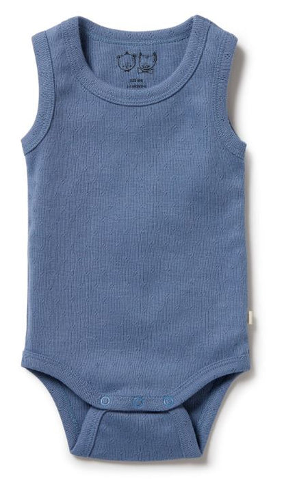 A Blue Sleeveless Bodysuits from Wilson & Frenchy in size 3-6M for neutral. (Front View)