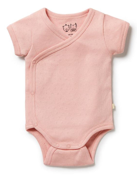 A Pink Short Sleeve Bodysuits from Wilson & Frenchy in size 0-3M for girl. (Front View)