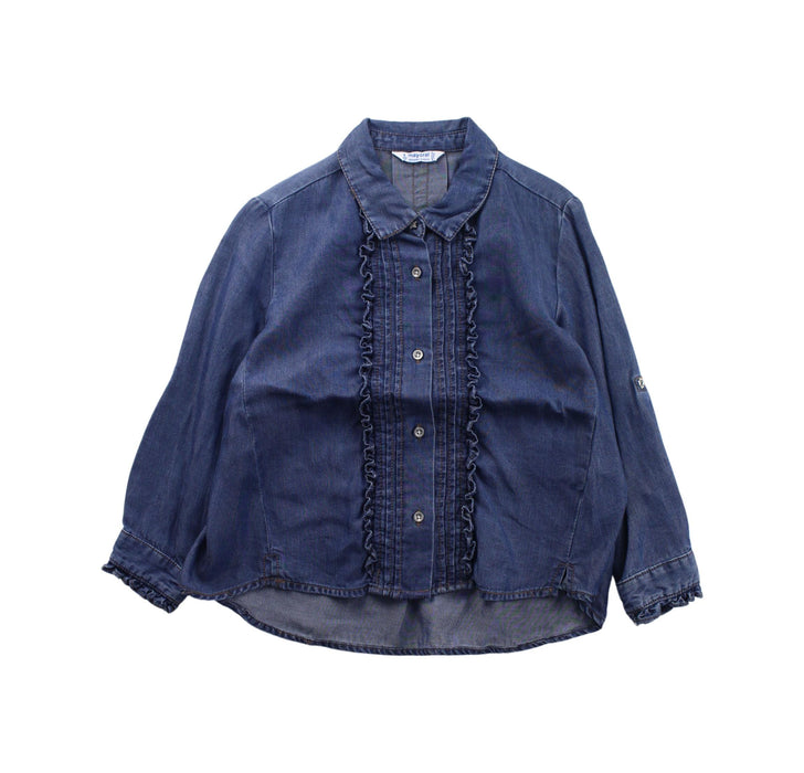 A Blue Lightweight Jackets from Mayoral in size 4T for girl. (Front View)