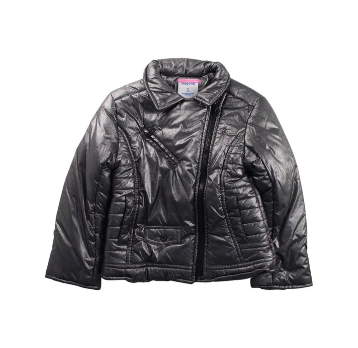 A Silver Lightweight Jackets from Mayoral in size 5T for girl. (Front View)