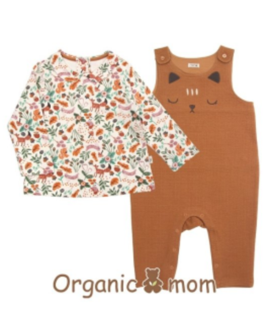 A Brown Overall Sets from Organic Mom in size 12-18M for girl. (Front View)