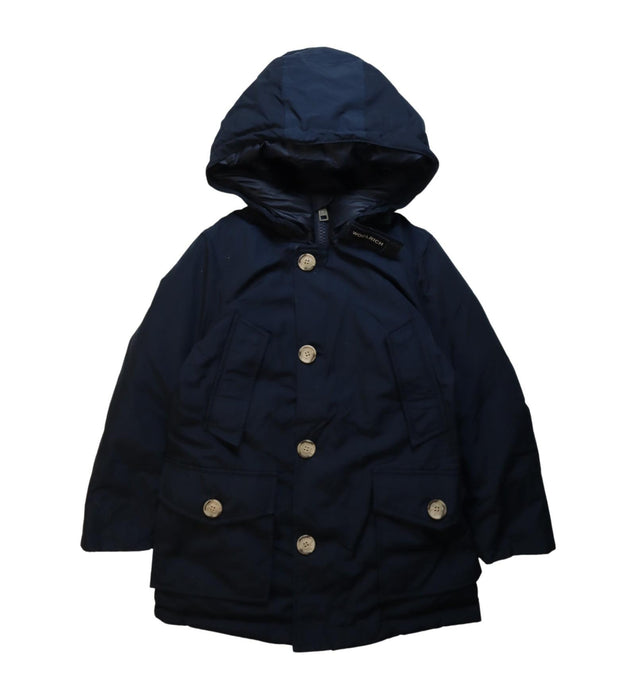 A Navy Puffer/Quilted Jackets from Woolrich in size 6T for neutral. (Front View)