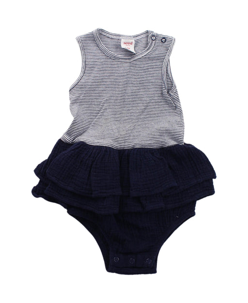 A Blue Sleeveless Bodysuits from Seed in size 12-18M for girl. (Front View)