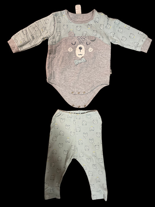 A Green Overall Sets from Organic Mom in size 6-12M for boy. (Front View)