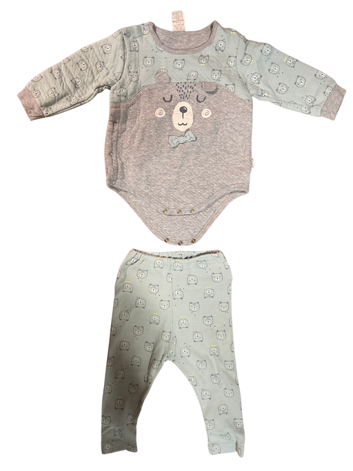 A Green Overall Sets from Organic Mom in size 6-12M for boy. (Front View)