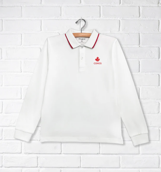 A White Long Sleeve Polos from CDNIS in size 4T for neutral. (Front View)