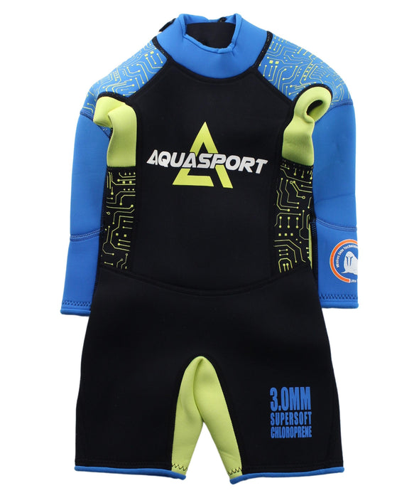 A Black Wetsuits from Aquasport in size 2T for boy. (Front View)