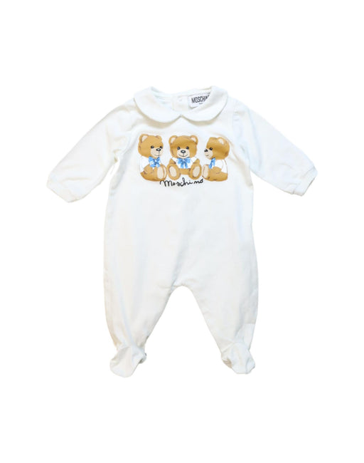 A White Onesies from Moschino in size 0-3M for neutral. (Front View)