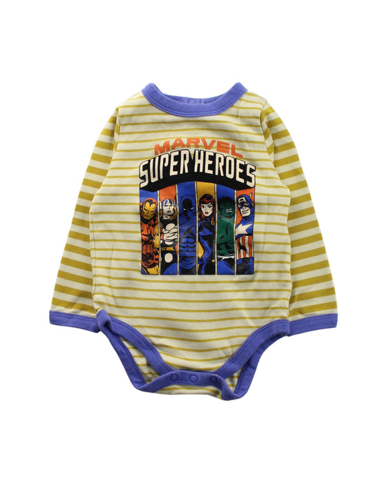 A Yellow Long Sleeve Bodysuits from Marvel in size 12-18M for boy. (Front View)