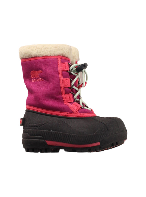 A Pink Winter Boots from Sorel in size 3T for girl. (Front View)