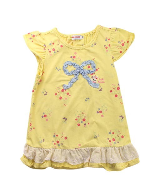 A Yellow Short Sleeve Dresses from Miki House in size 4T for girl. (Front View)