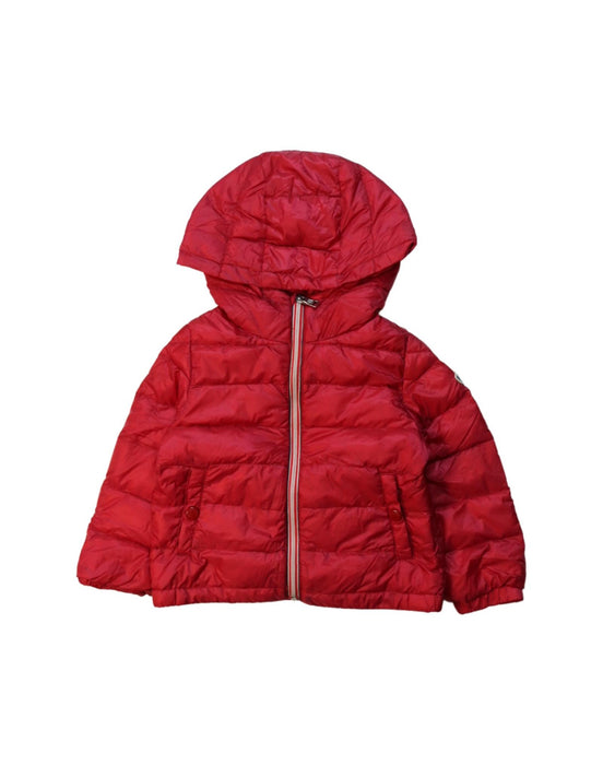 A Red Puffer/Quilted Jackets from Moncler in size 6-12M for neutral. (Front View)