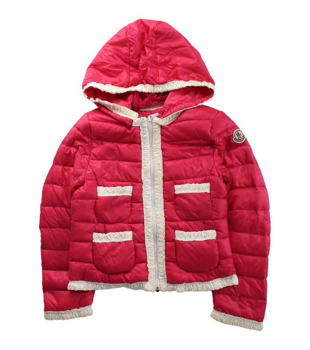 A Red Puffer/Quilted Jackets from Moncler in size 4T for girl. (Front View)