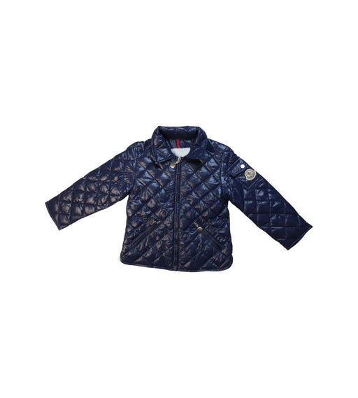 A Navy Puffer/Quilted Jackets from Moncler in size 4T for girl. (Front View)