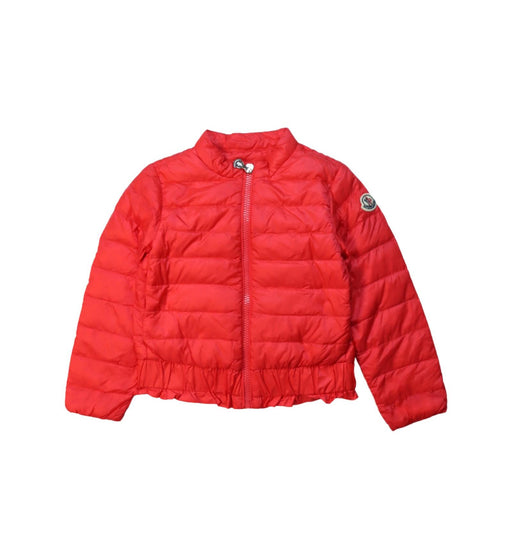 A Orange Puffer/Quilted Jackets from Moncler in size 4T for girl. (Front View)