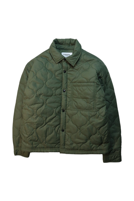 A Green Puffer/Quilted Jackets from Finger in the Nose in size 12Y for boy. (Front View)