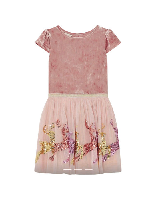 A Pink Short Sleeve Dresses from Monsoon in size 5T for girl. (Front View)