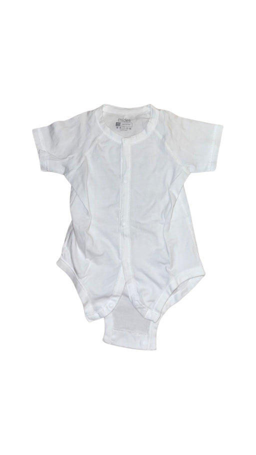 A White Short Sleeve Bodysuits from Mides in size 6-12M for neutral. (Front View)