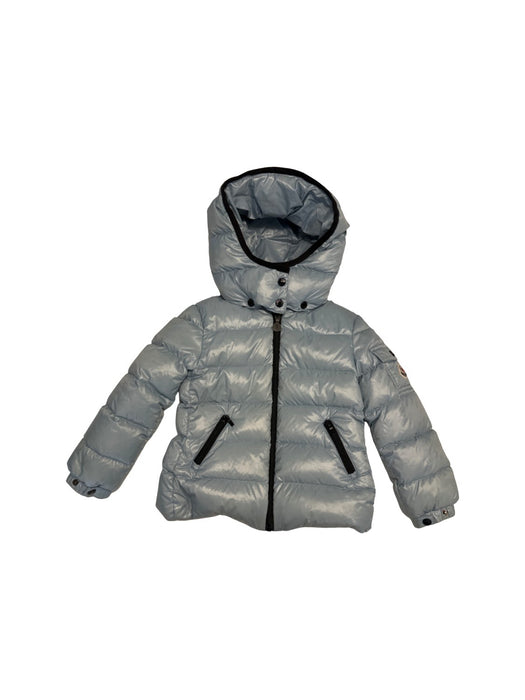 A Blue Puffer/Quilted Jackets from Moncler in size 3T for neutral. (Front View)