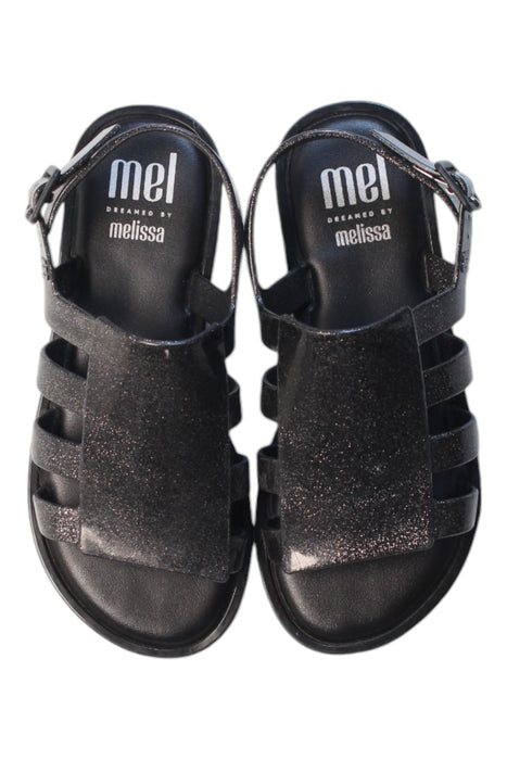 A Black Sandals from Mini Melissa in size 6T for girl. (Back View)