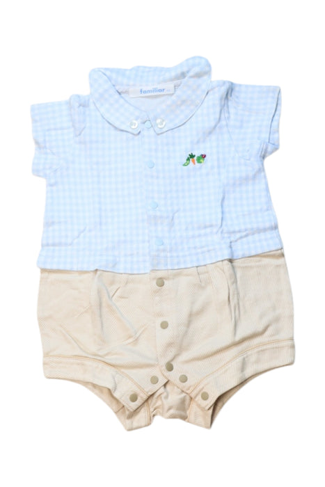 A Blue Short Sleeve Rompers from Familiar in size 0-3M for boy. (Front View)