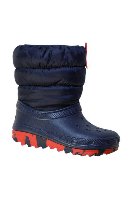 A Navy Winter Boots from Crocs in size 4T for boy. (Front View)