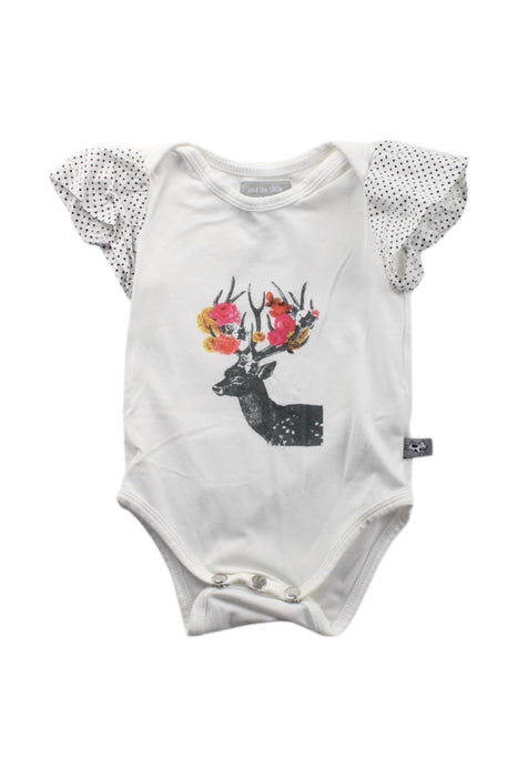A White Short Sleeve Bodysuits from and the little dog laughed in size 0-3M for neutral. (Front View)