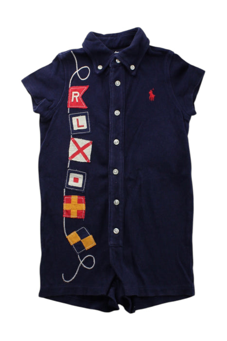 A Navy Short Sleeve Rompers from Ralph Lauren in size 6-12M for neutral. (Front View)