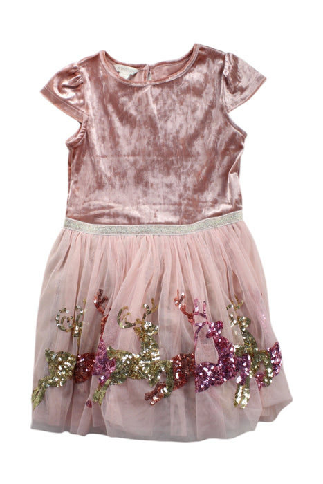 A Pink Short Sleeve Dresses from Monsoon in size 5T for girl. (Front View)