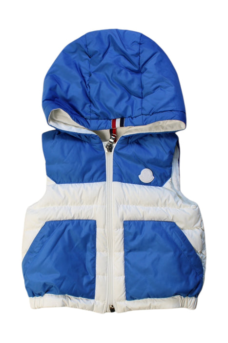 A Blue Outerwear Vests from Moncler in size 12-18M for boy. (Front View)