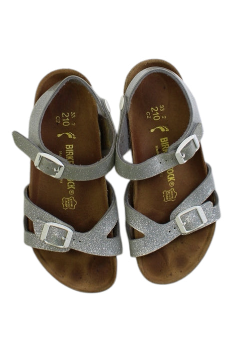 A Silver Sandals from Birkenstock in size 7Y for girl. (Back View)