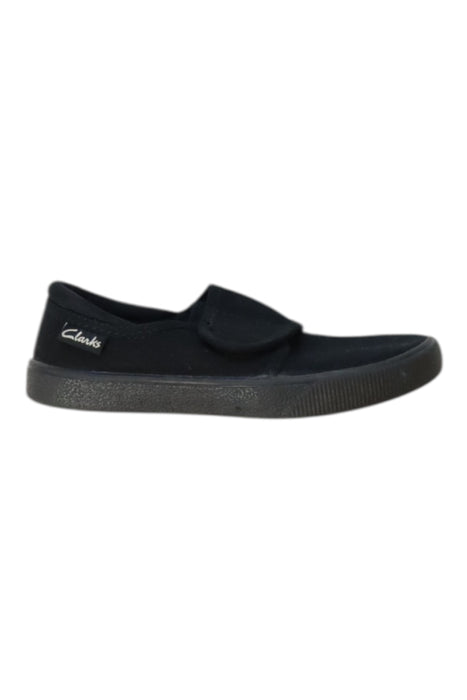 A Black Slip Ons from Clarks in size 4T for boy. (Front View)
