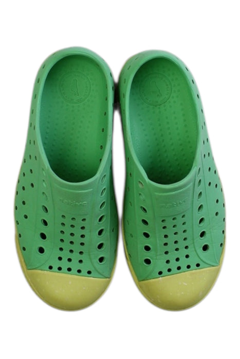 A Green Slip Ons from Native Shoes in size 5T for neutral. (Back View)
