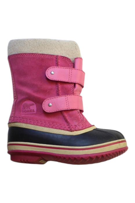 A Pink Winter Boots from Sorel in size 5T for girl. (Front View)