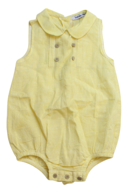 A Yellow Sleeveless Rompers from Babidu in size 12-18M for neutral. (Front View)