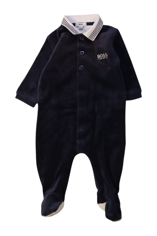 A Navy Long Sleeve Rompers from Boss in size 0-3M for neutral. (Front View)