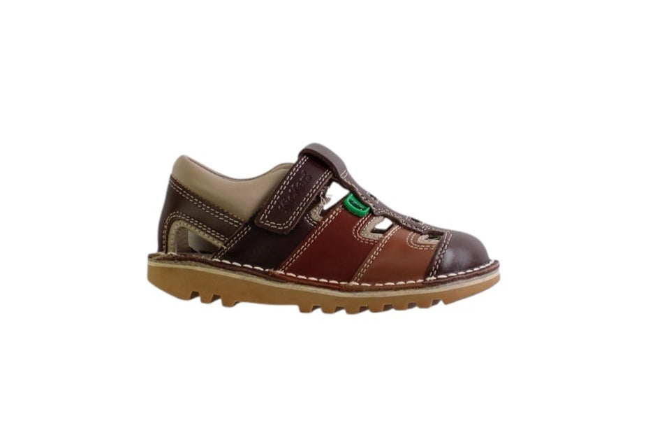 A Brown Sandals from Kickers in size 4T for boy. (Front View)