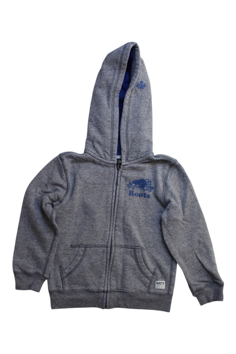A Grey Hooded Sweatshirts from Roots in size 5T for boy. (Front View)