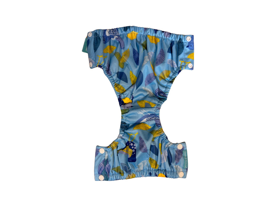 A Blue Swim Diapers from Charlie Banana in size 6-12M for neutral. (Back View)